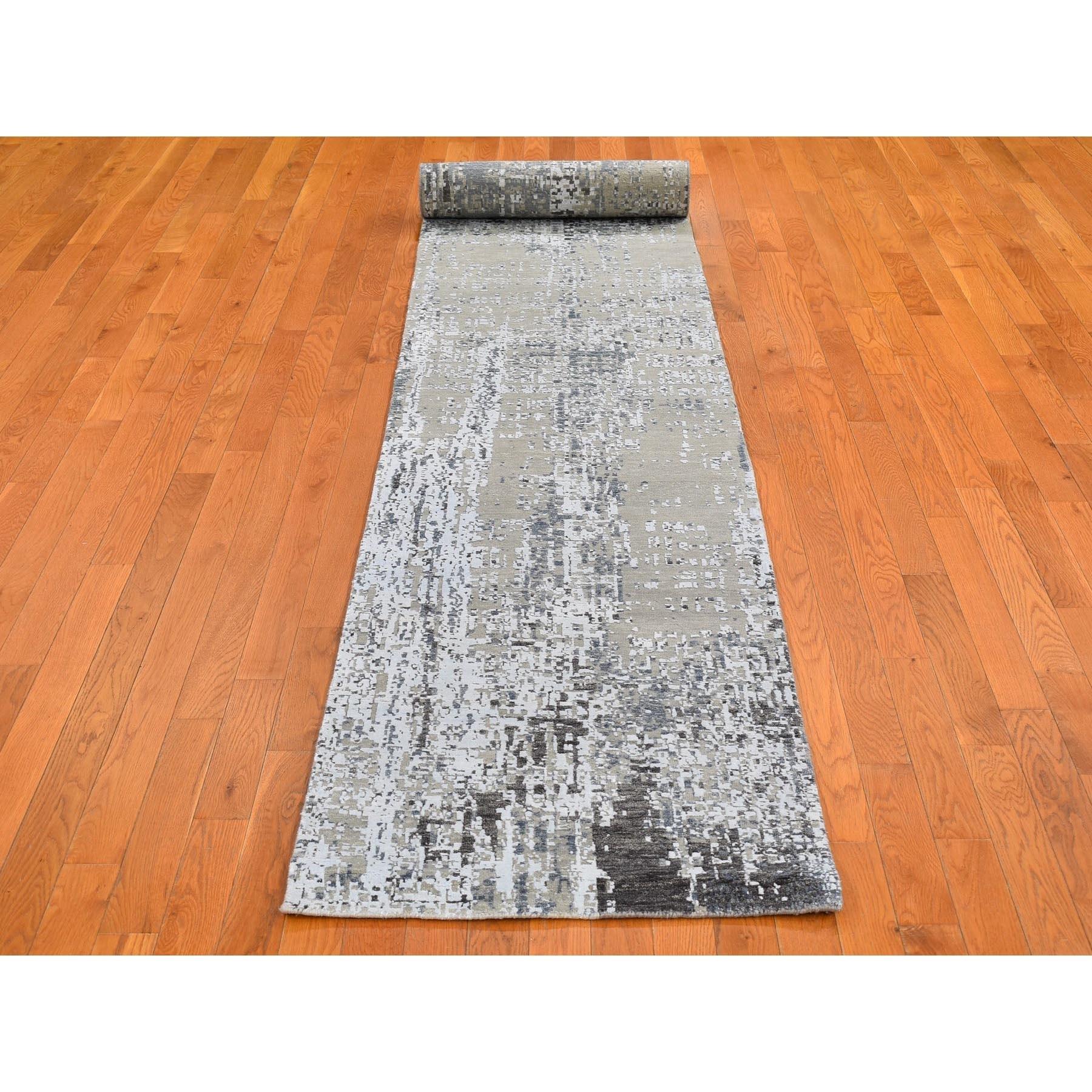 This is a truly genuine one-of-a-kind Wool Persian Knot Runner Abstract Design Denser Weave Silver Hand Knotted Oriental Rug. It has been woven for months and months in the centuries-old Persian weaving craftsmanship techniques by expert