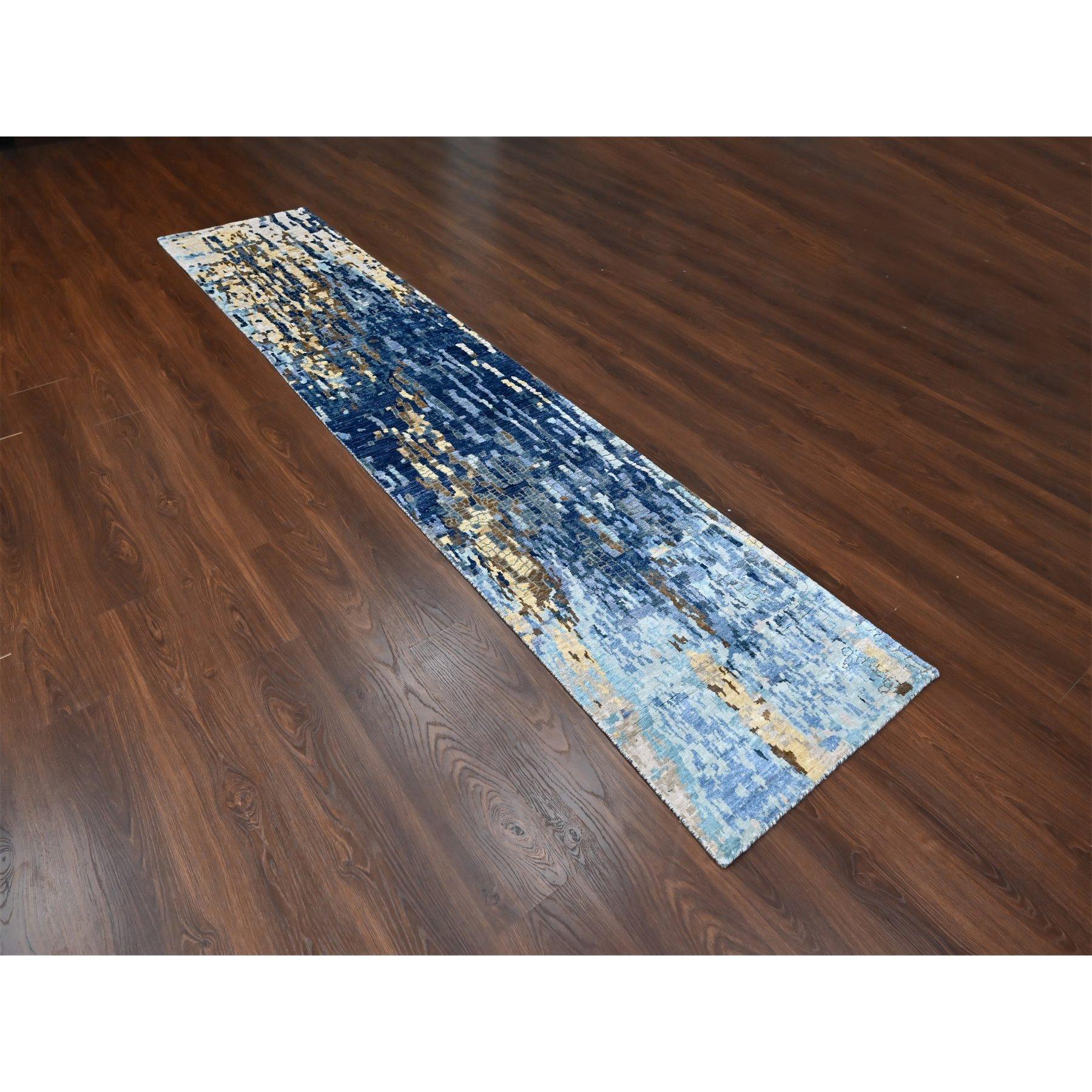Yale Blue with Mix of Gold, Denser Weave, Modern Mosaic Design, Persian Knot, Hand Knotted, Wool and Silk, Runner, Oriental Rug
Primary materials: Wool & Silk 
Latex: No Pile 
height: 0.25 Inches
Style: Contemporary
Primary color: Blue
Secondary