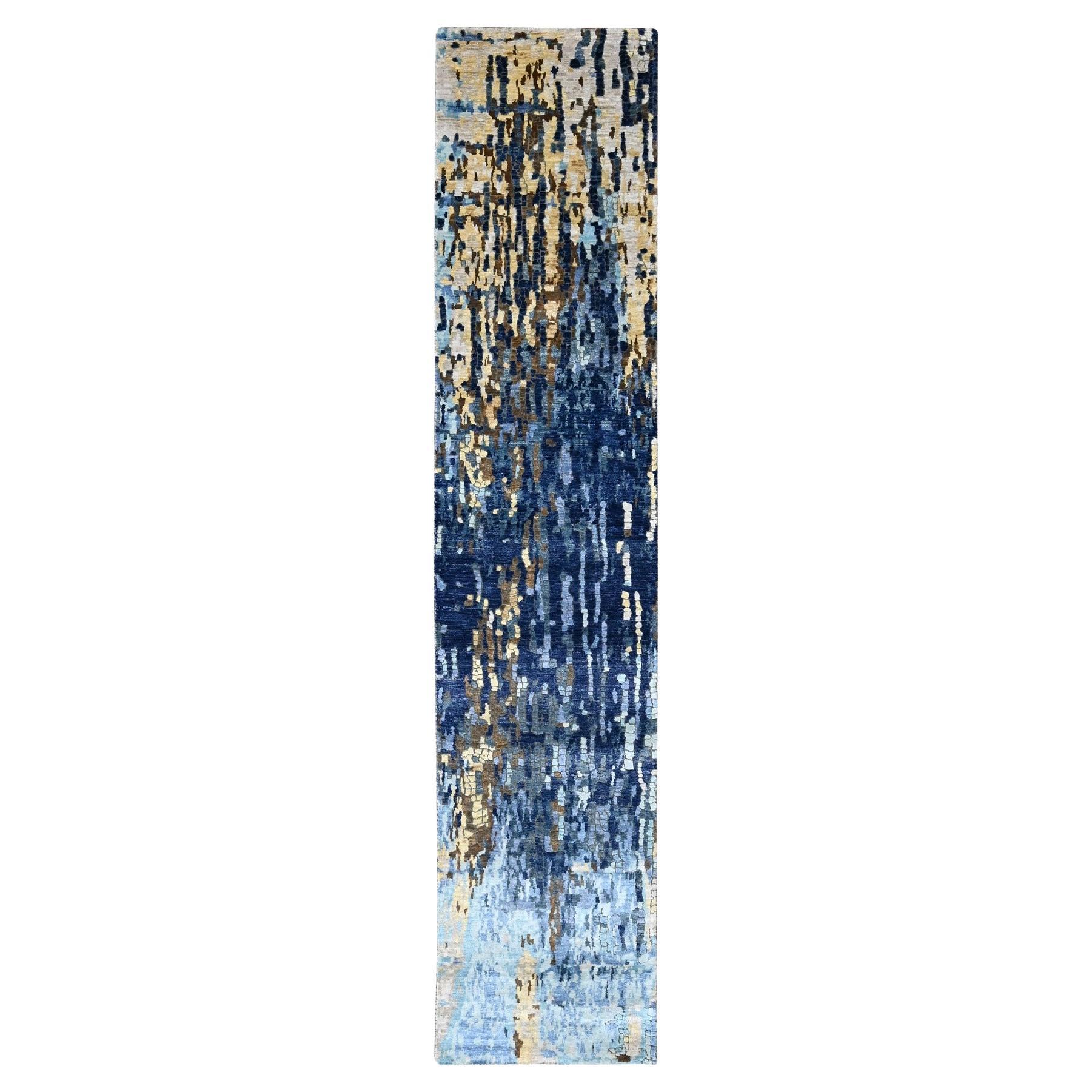 2'6"x12' Yale Blue with Gold Modern Mosaic Design Hand Knotted Wool & Silk Rug For Sale