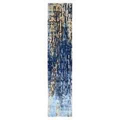 2'6 "x12' Yale Blau mit Gold Modernes Mosaik-Design Handgeknüpfter Teppich aus Wolle und Seide