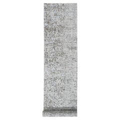 2'6"x12'1" Dense Weave Abstract Design Wool & Silk Hi-Low Pile Hand Knotted Rug