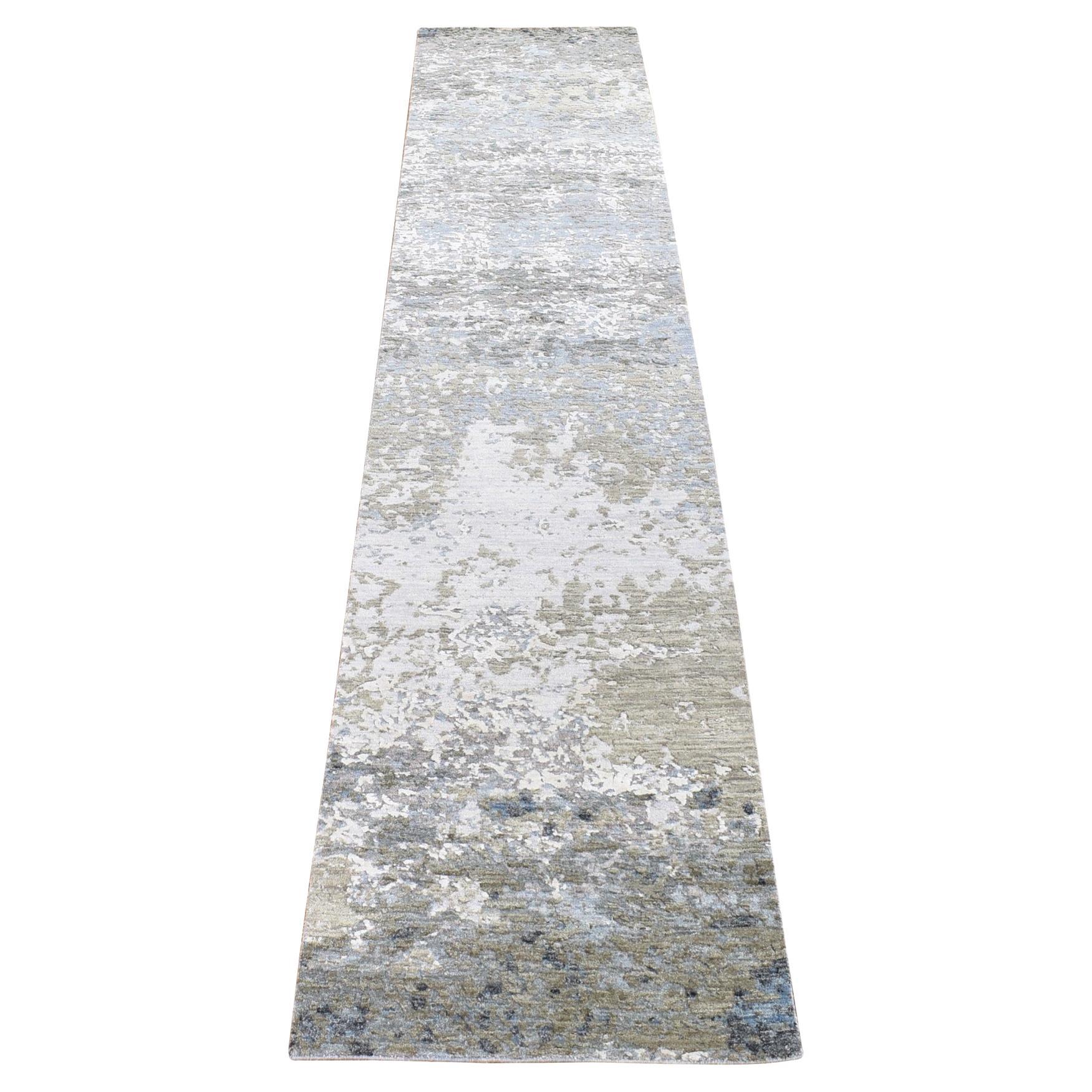 2'6 "x12'1" Gris, Lana Pura Diseño Abstracto Moderno, Anudada a Mano, Alfombra de Corredor
