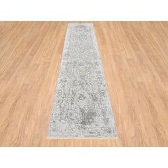 2'6"x12'1" Gray, Wool and Silk, Hand Knotted, Broken Persian Design, Runner Rug