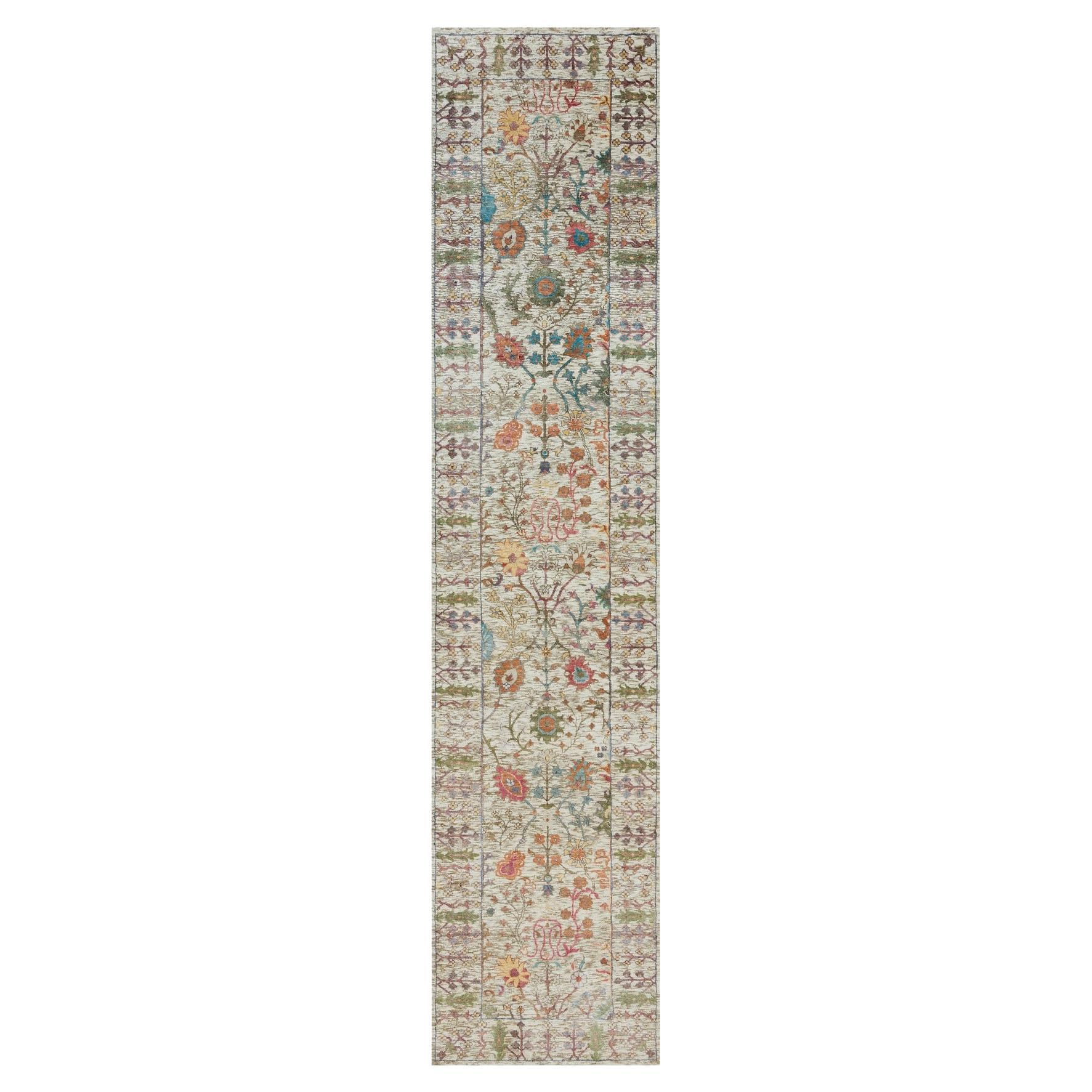 2'6"x12'2" Beige Wool-Silk Hand Knotted Directional Vase Runner Oriental Rug