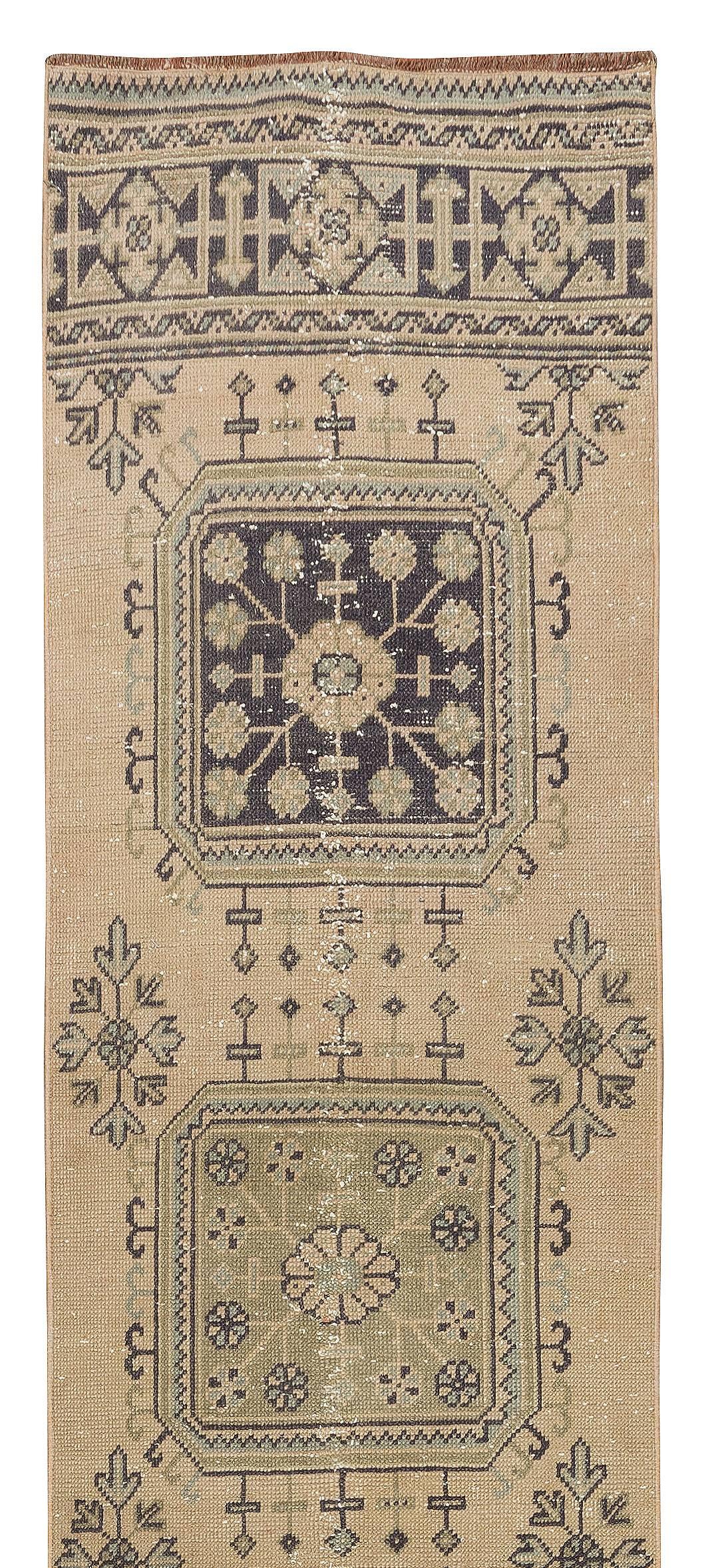 Hand-Knotted 2.6x12.2 Ft One-of-a-kind Turkish Runner, Ca 1960, Wool Handmade Rug for Hallway For Sale