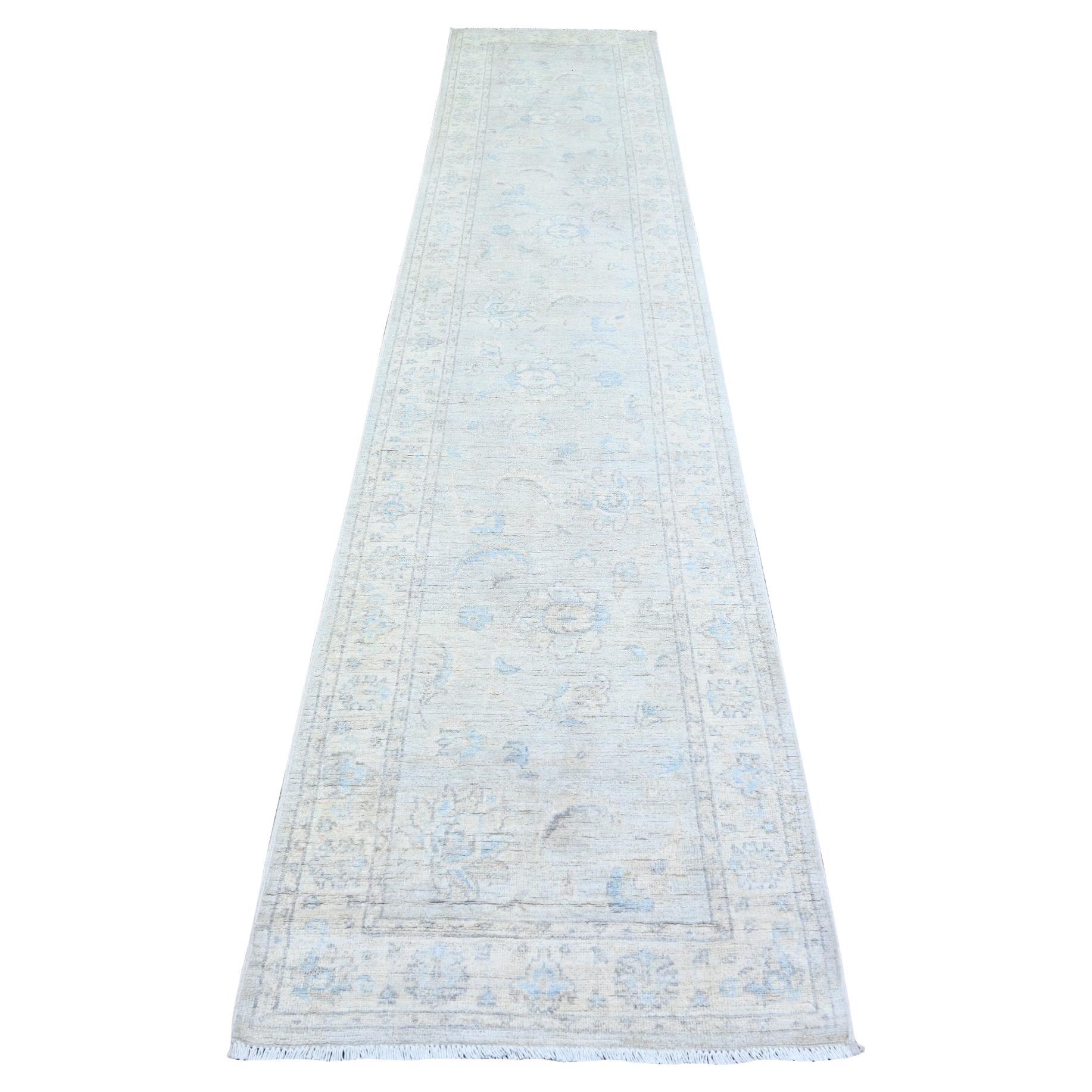 2'6"x12'2" Gray Goose Washed Out Peshawar Wool Hand Knotted Runner Oriental Rug