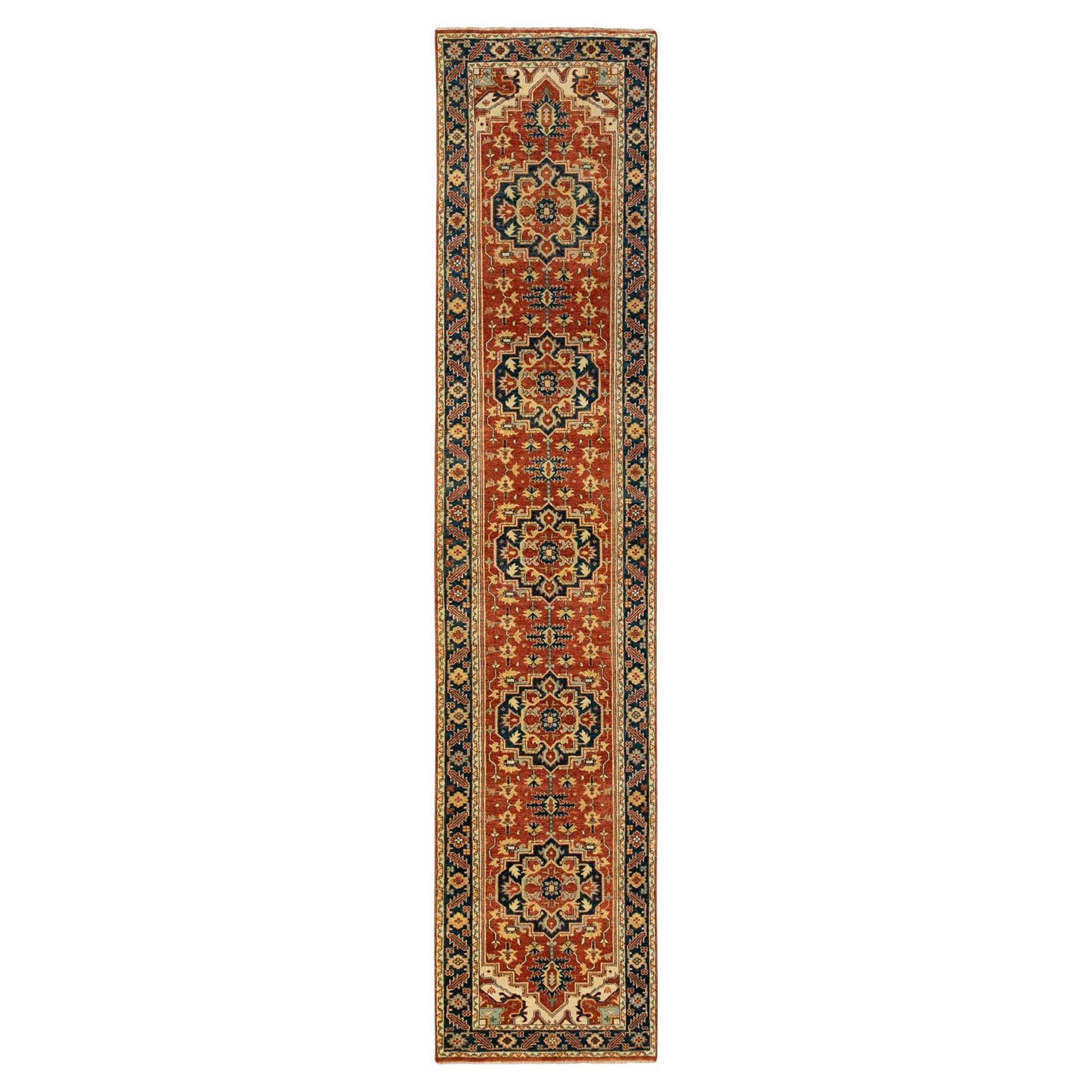 2'6"x12'2" Organic Wool Red Antiqued Heriz Re-Creation Hand Knotted Runner Rug For Sale