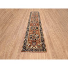 2'6"x12'2" Red, Antiqued Fine Heriz Re-Creation, Wool Hand Knotted Runner Rug