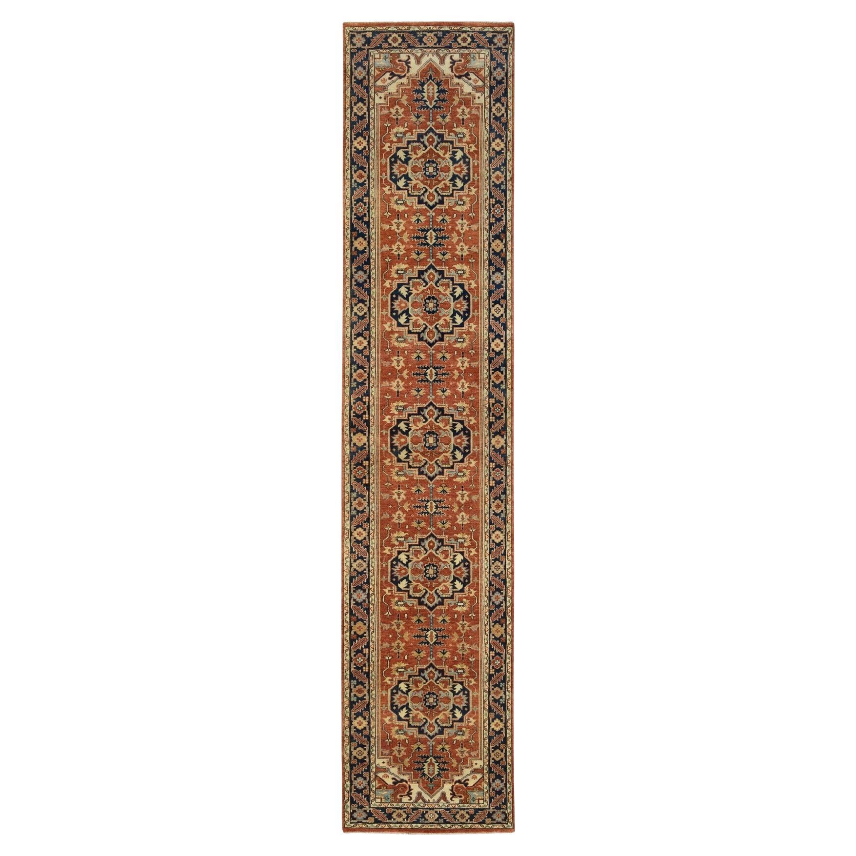 2'6"x12'2" Red, Antiqued Fine Heriz Re-Creation, Wool Hand Knotted Runner Rug