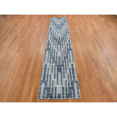 2'6x12'3" Blue, Pure Silk and Textured Wool, Zigzag Design, Hand Knotted Rug