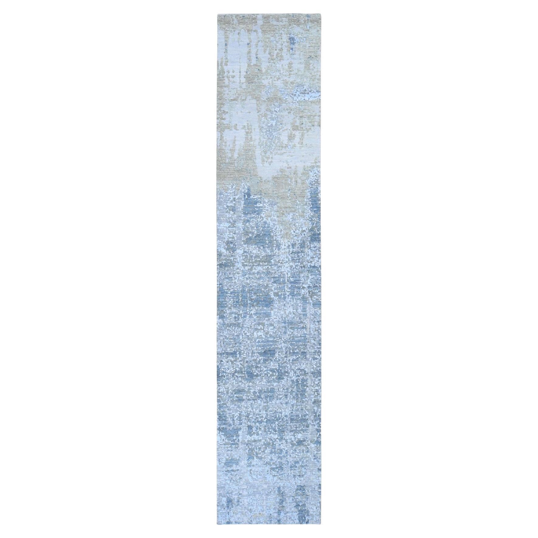 2'6"x12'4" Abstract Design Wool And Silk Denser Weave Runner Hand Knotted Rug