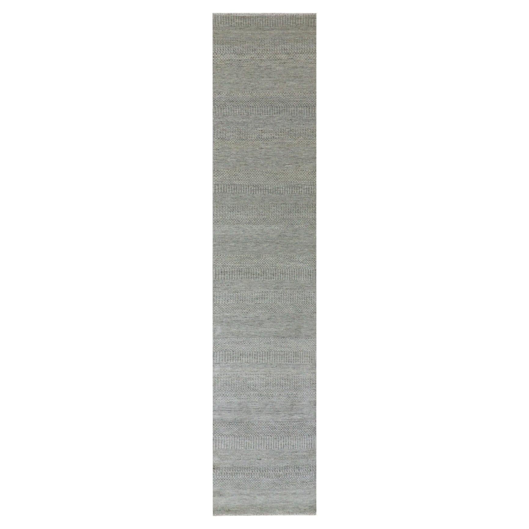 2'6"x12'4" Dorian Gray Grass Design Undyed Wool Hand Knotted Runner Oriental Rug For Sale