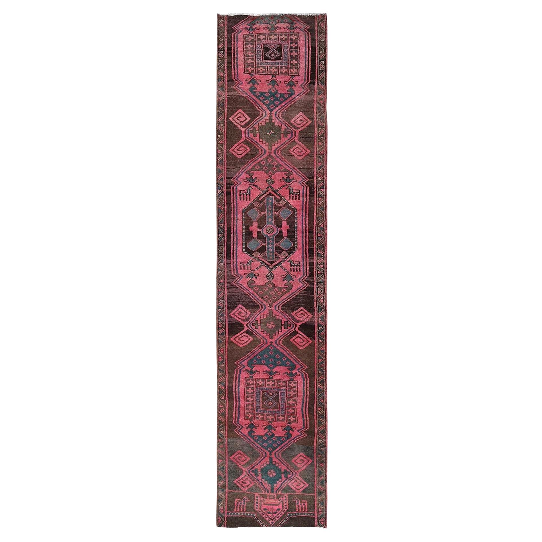 2'6 "x12'4" Rosa Overdyed Vintage Persisch Hamadan Hand geknüpft Wolle Läufer Teppich