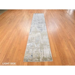 2'6"x12'4" Stone Gray Abstract Design Wool and Silk Hand Knotted Runner Rug