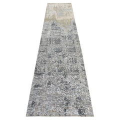 2'6"x12'4" Stone Gray Abstract Design Wool and Silk Hand Knotted Runner Rug