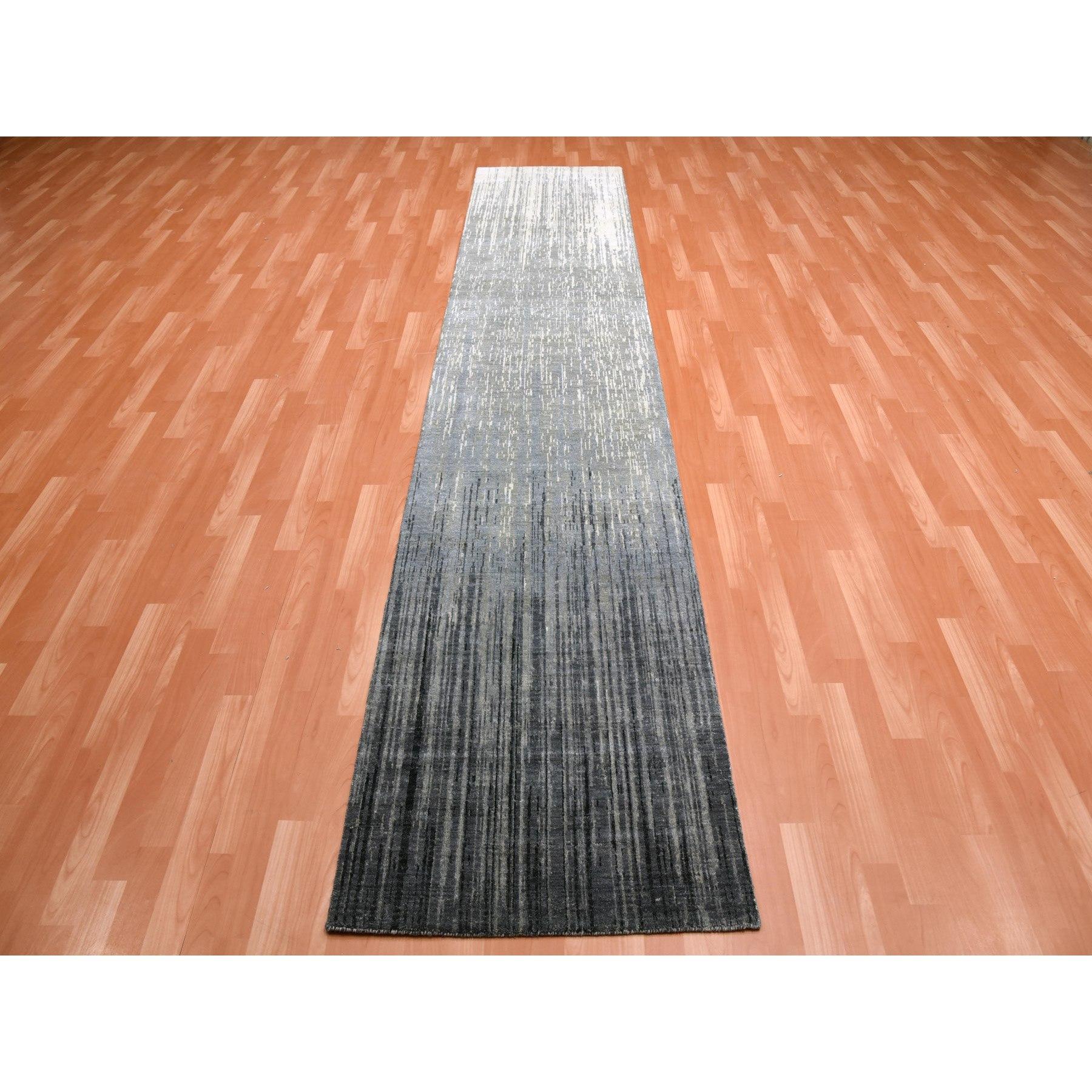 This is a truly genuine one-of-a-kind Gray and Black, Modern Ombre Design Densely Woven, Soft Wool Hand Knotted, Runner Oriental Rug. It has been Knotted for months and months in the centuries-old weaving craftsmanship techniques by expert