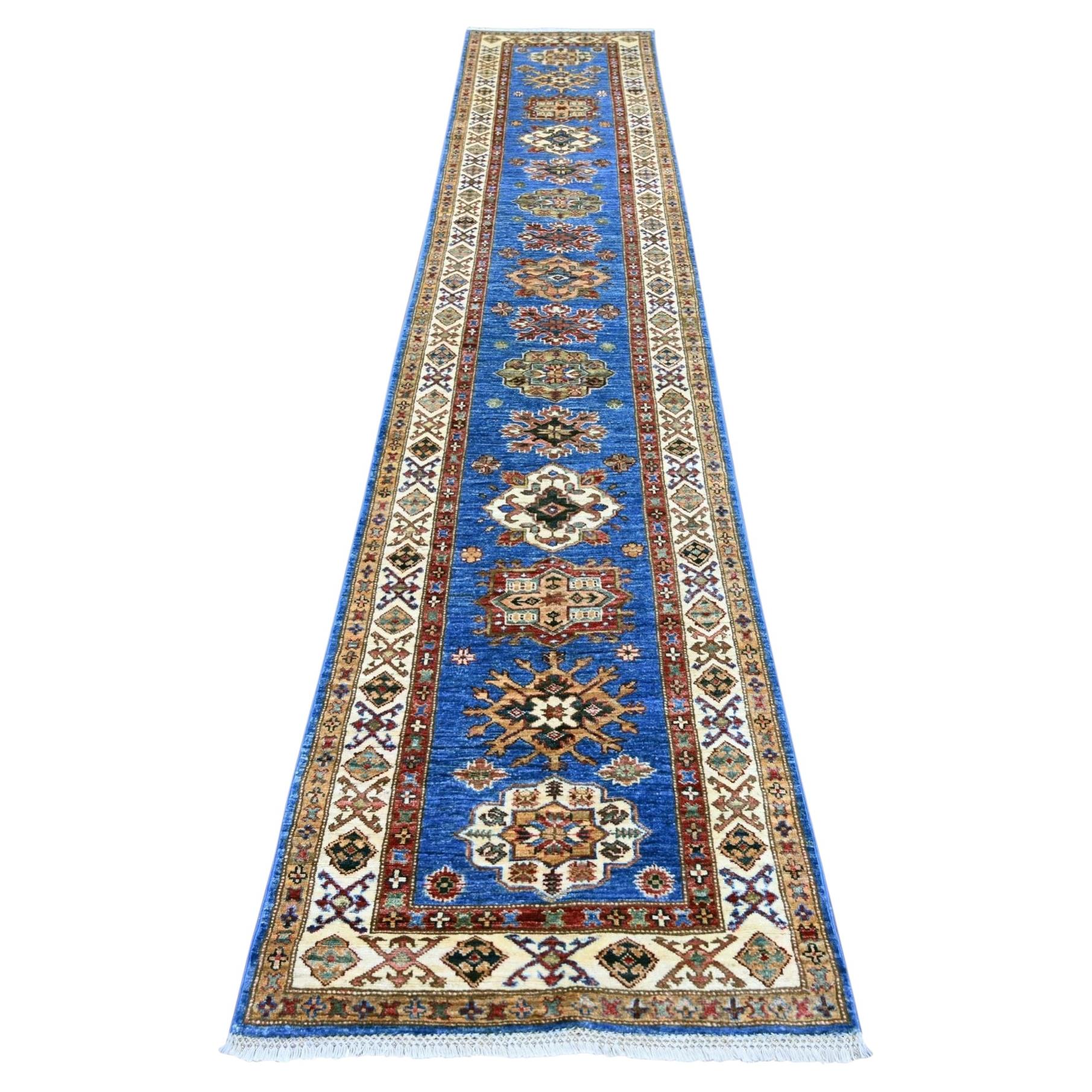 2'6"x13' Cerulean Blue Wool Hand Knotted Afghan Super Kazak Runner Rug For Sale