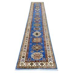 2'6"x13' Cerulean Blue Wool Hand Knotted Afghan Super Kazak Runner Rug