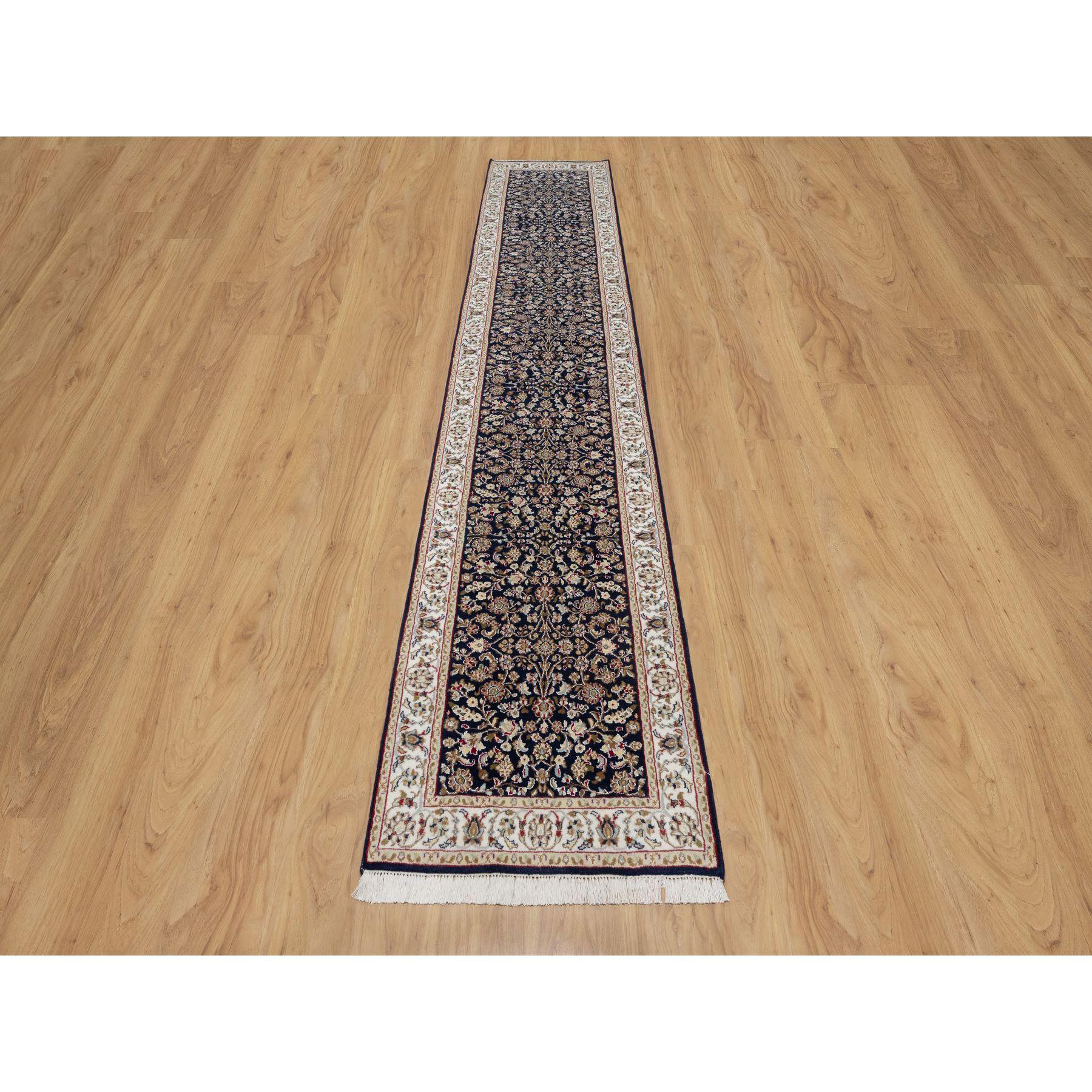 Midnight Blue, Nain with All Over Flower Design, Wool and Silk, 250 KPSI, Hand Knotted, Runner, Oriental Rug
Primary materials: Wool & Silk
Latex: No Pile 
height: 0.25 Inches
Style: Traditional
Primary color: Blue
Secondary colors: Light Blue, Red,