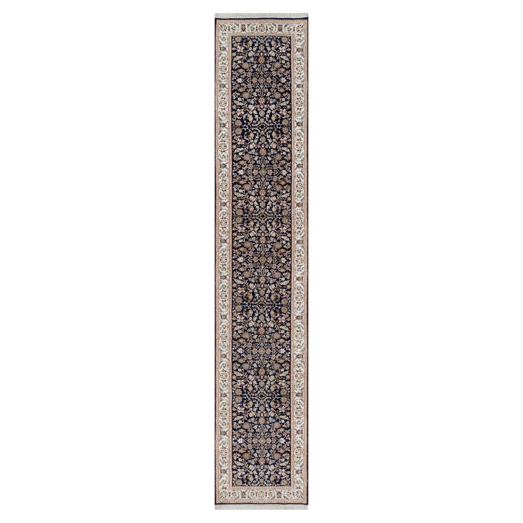 2'6"x13'3" Midnight Blue Nain with Flower Design Wool and Silk Hand Knotted Runn For Sale
