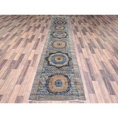 2'6"x13'9" Blue, Mamluk Design, Soft Wool, Hand Knotted, Runner Oriental Rug