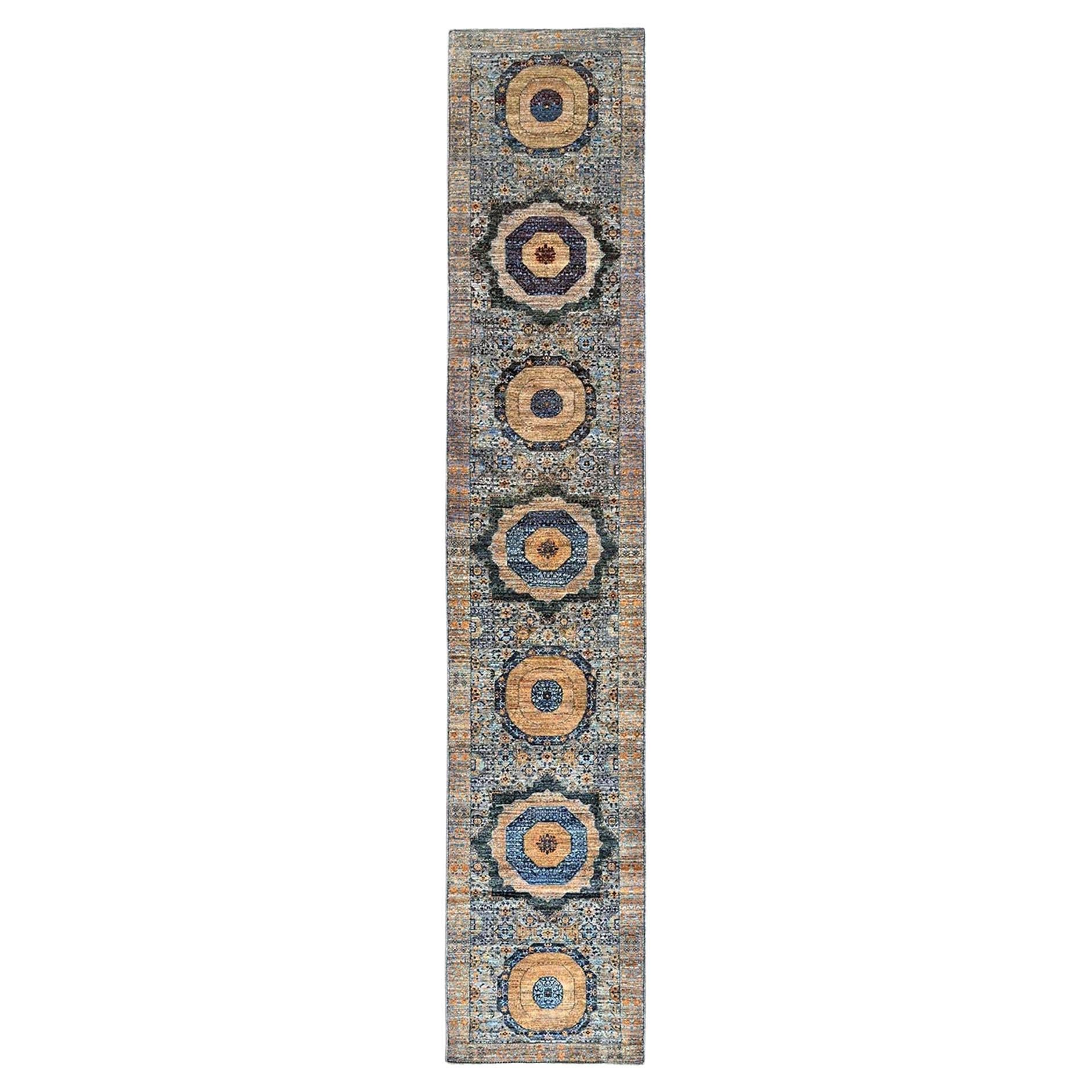 2
6 "x13
9" Blau, Mamluken-Design, weiche Wolle, handgeknüpft, Läufer Orientteppich im Angebot