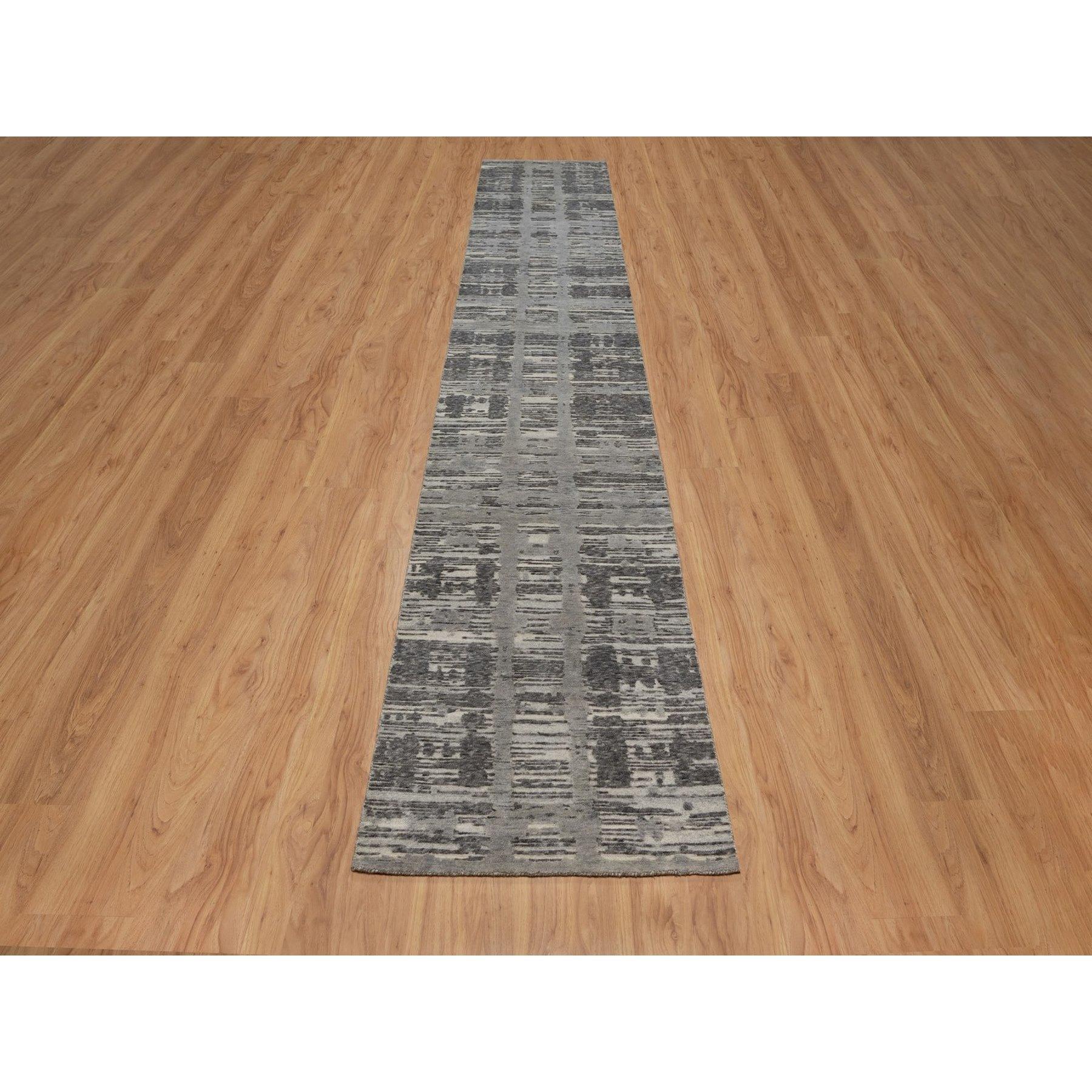 Nickel Gray, Modern Criss Cross Erased Design, Hand Spun Undyed Natural Wool, Hand Knotted, Runner, Oriental Rug
Primary materials: Wool
Latex: No Pile 
height: 0.25 Inches
Style: Contemporary
Primary color: Grey
Secondary colors: Ivory,
