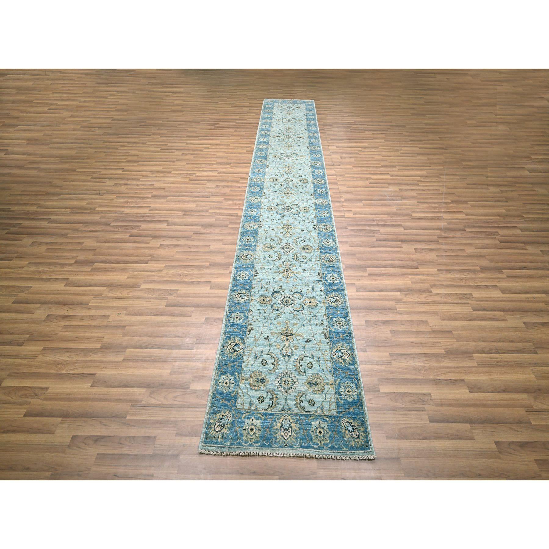 Light Cyan Blue, All Over Shah Abbas Flower Design, Vegetable Dyes, Denser Weave, Agra, Pure Wool, Hand Knotted, Runner, Oriental Rug
Primary materials: Wool
Latex: No Pile 
height: 0.25 Inches
Style: Transitional
Primary color: Blue
Secondary
