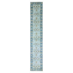 2'6"x14' Light Blue Shah Abbas Flower Design Hand Knotted Pure Wool Runner Rug
