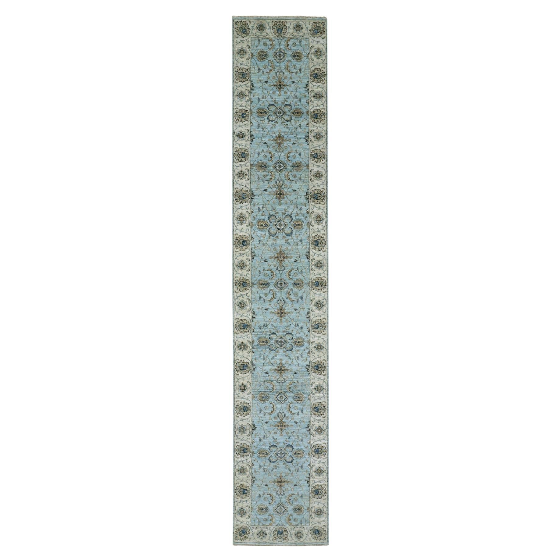 2'6"x14' Reverie Blue Wool Hand Knotted Shah Abbas Pattern Runner Oriental Rug