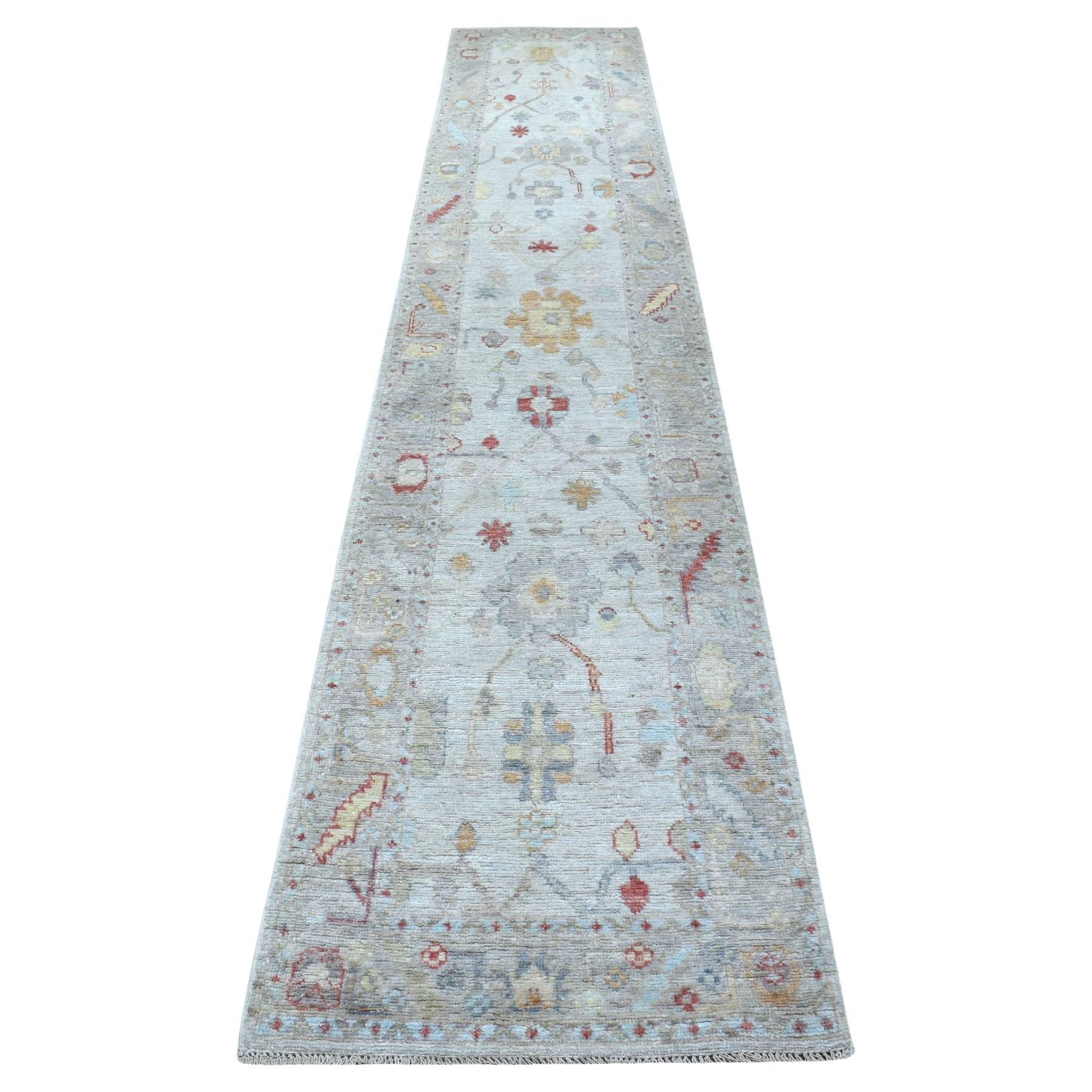 2'6"x14' Soft Velvety Wool Hand Knotted Gray Angora Oushak Oriental Runner Rug