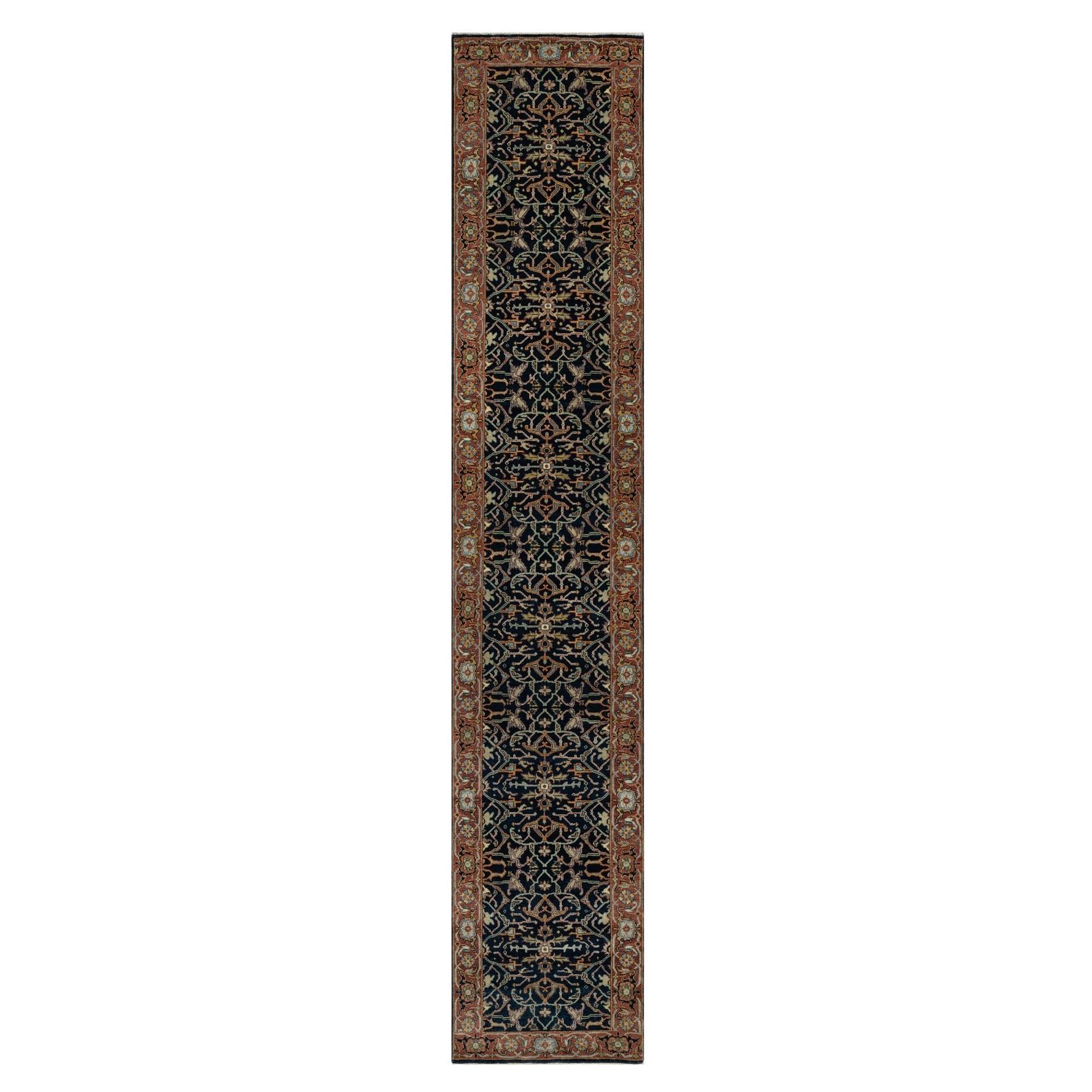 2'6 "x14'1" Polo Blue Denser Weave Annodato a mano anticato Fine Heriz Pure Wool Rugs in vendita
