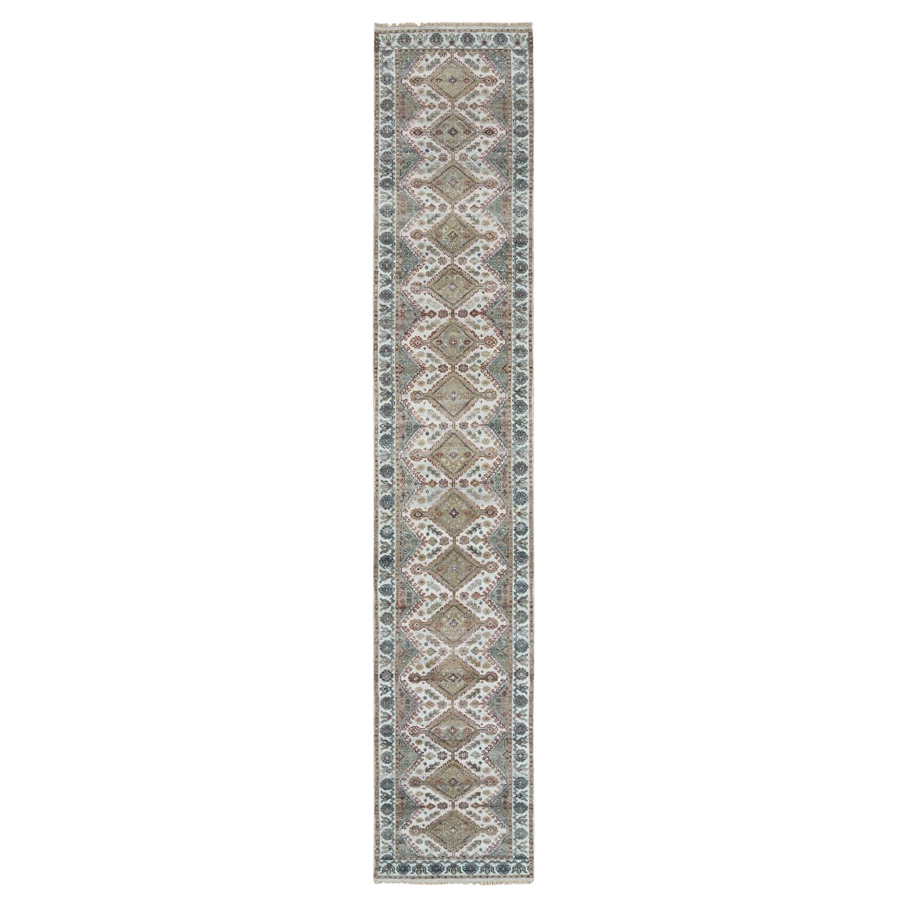 2'6"x14'1" Swan White All Wool Rosettes Border XL Runner Sustainable Oriental For Sale