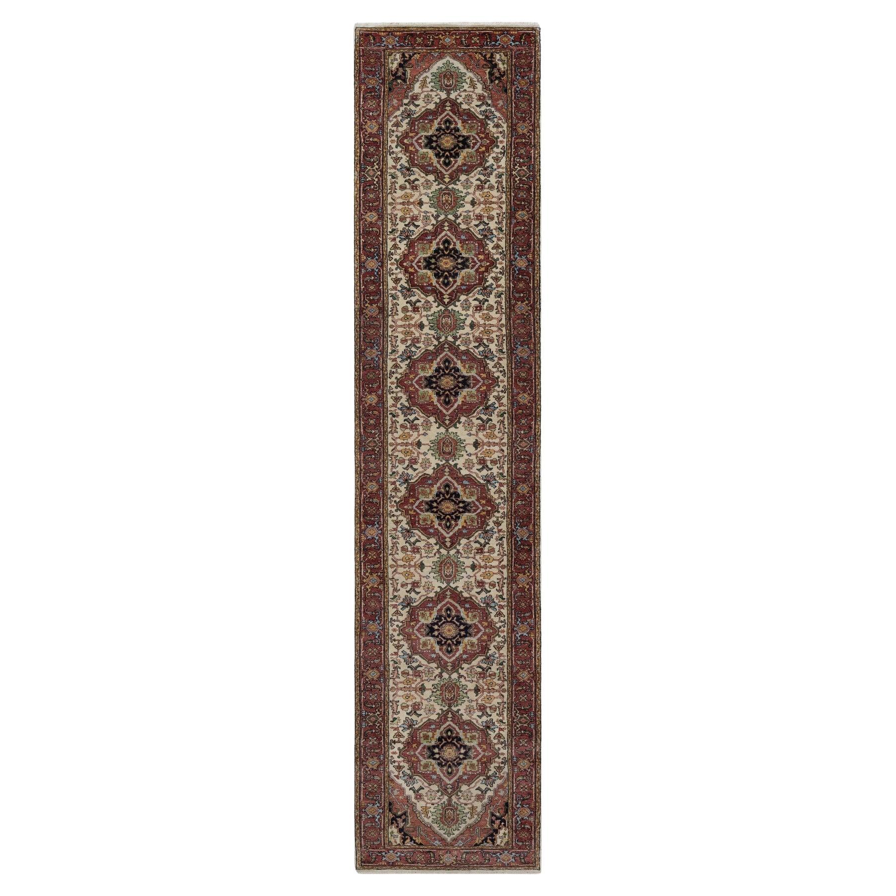 2'6 "x14'2" Ivory Antiqued Fine Heriz Re-Creation Hand Knotted Wool Runner Rugs