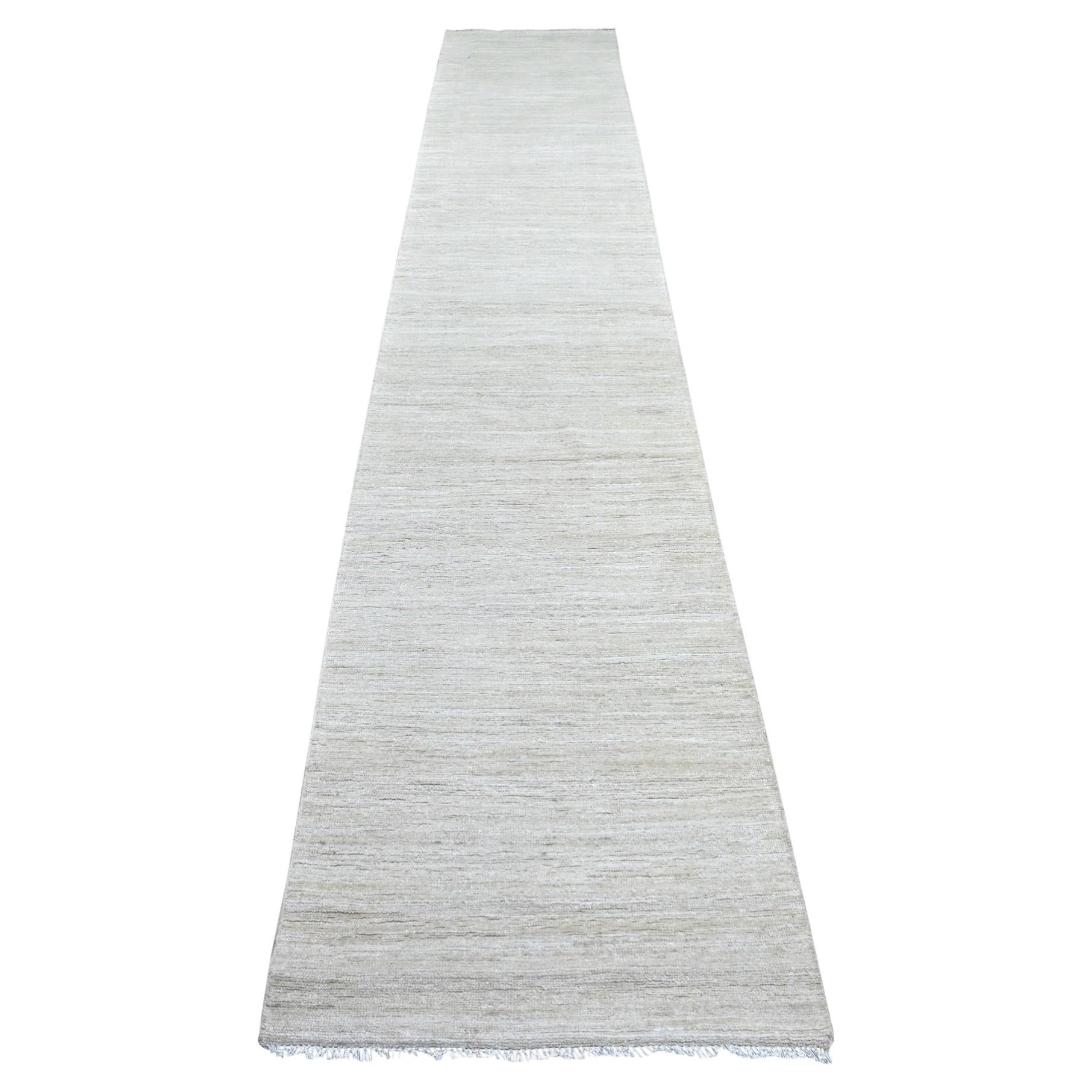 2'6"x14'3" Ivory Plain Solid Pattern Hand Knotted Ghazni Wool Runner Rug For Sale