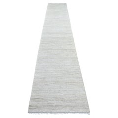 2'6"x14'3" Ivory Plain Solid Pattern Hand Knotted Ghazni Wool Runner Rug