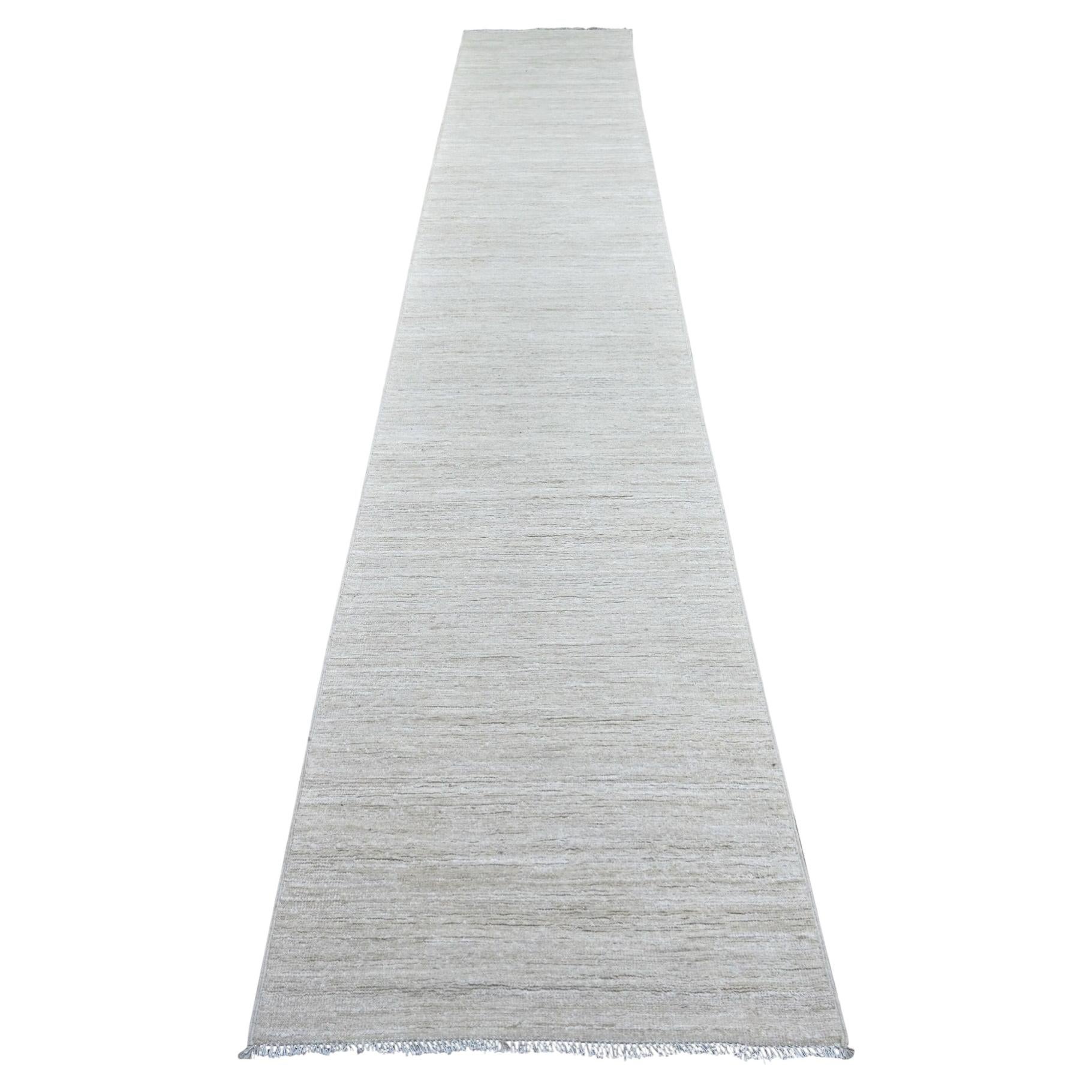 2'6"x14'4" Ivory Plain Solid Pattern Hand Knotted Ghazni Wool Runner Rug