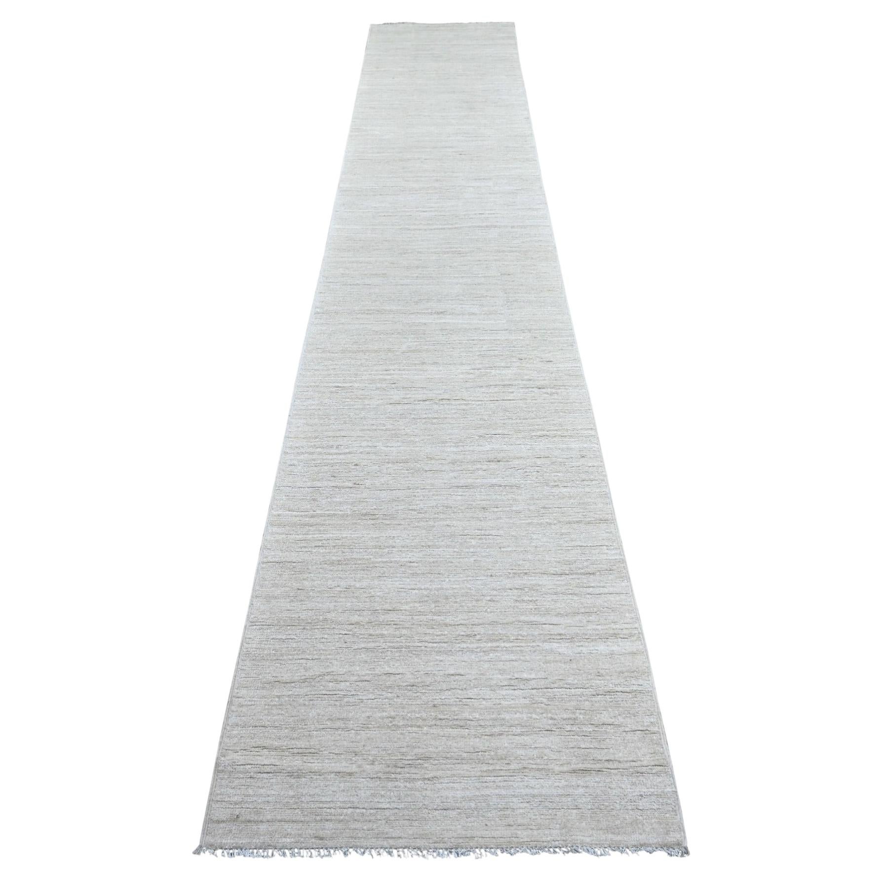2'6"x14'4" Ivory Plain Solid Pattern Hand Knotted Ghazni Wool Runner Rug