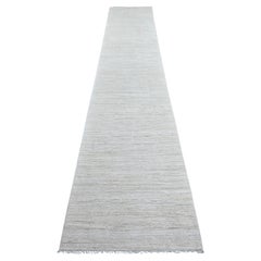 2'6"x14'4" Ivory Plain Solid Pattern Hand Knotted Ghazni Wool Runner Rug