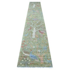 2'6 "x15' Grüner handgeknüpfter Peshawar Paradiesvögel Design Wollteppich
