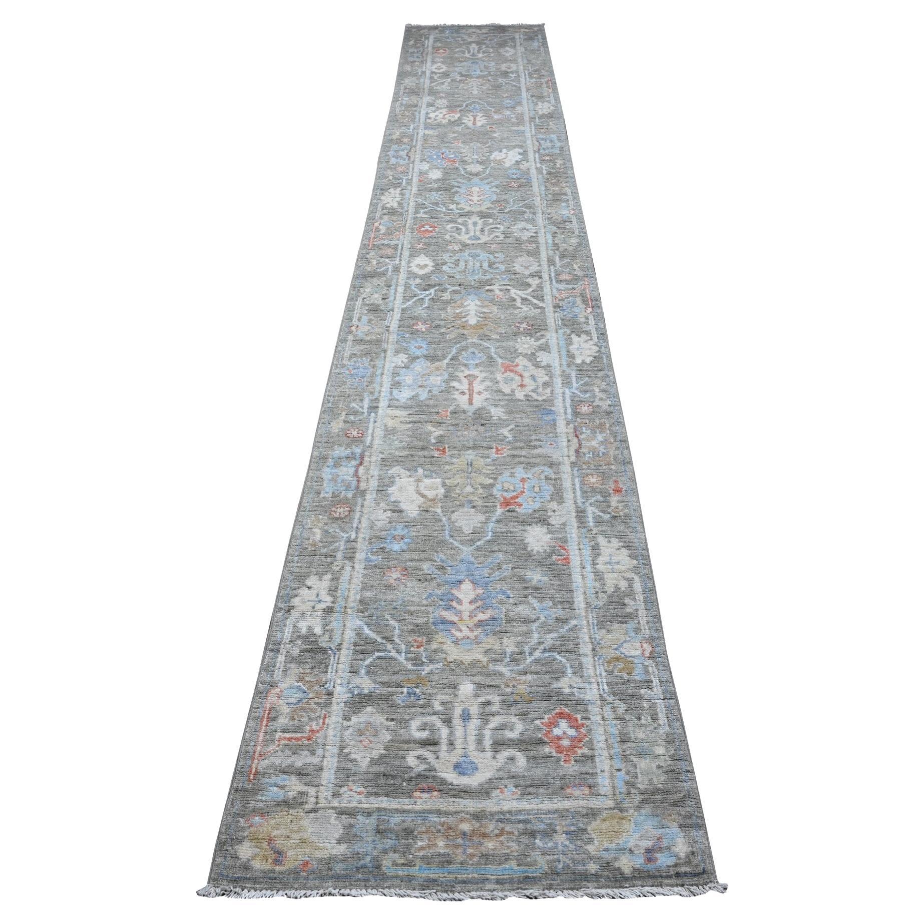 2'6 "x15'3" Echo Gray Afghan Angora Oushak Wolle Stiftung XL Läufer Orientteppich im Angebot