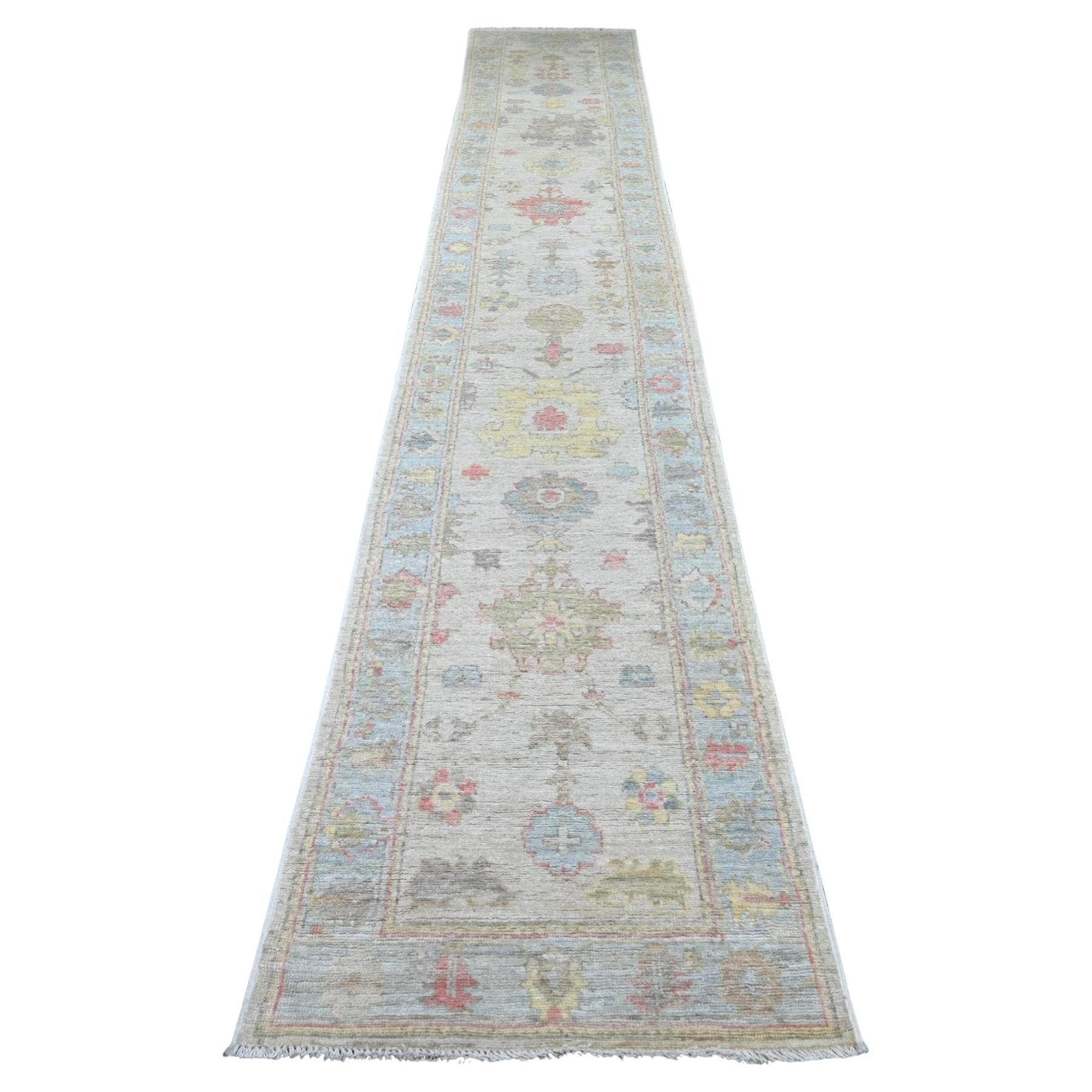 2'6"x15'5" Ivory Afghan Angora Oushak Leaf Design Hand Knotted Wool Runner Rug