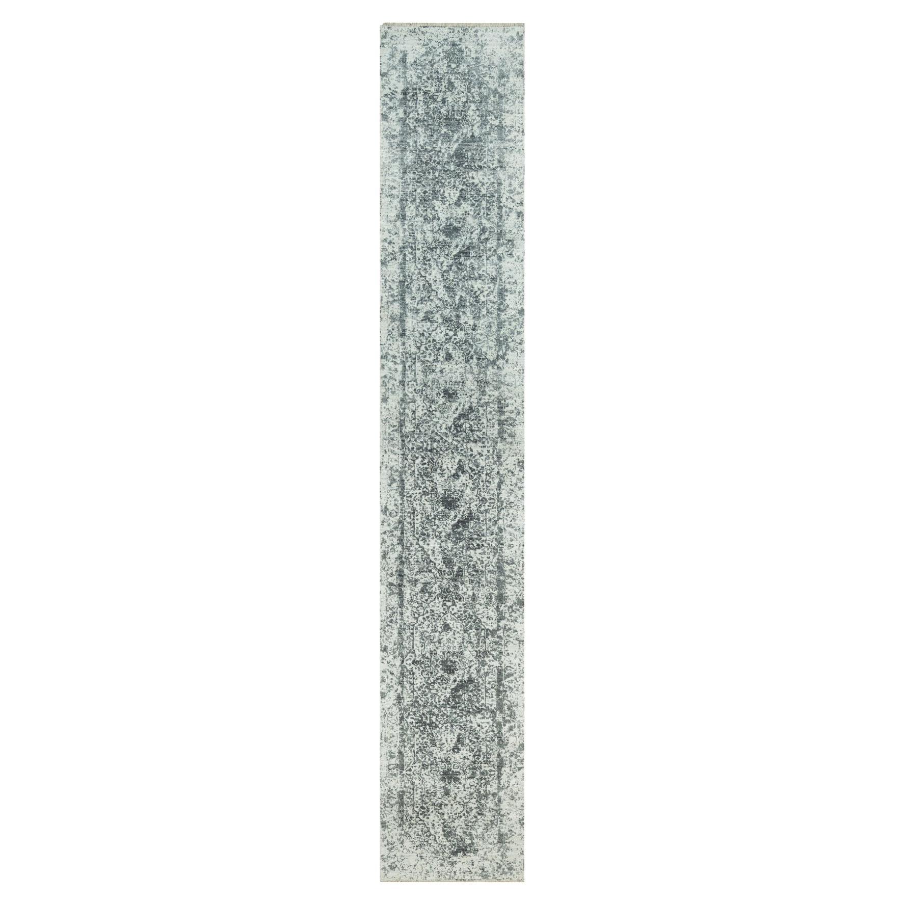 2'6"x15'8" Gray Wool and Silk Erased Persian Design Runner Hand Knotted Rug