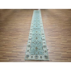 2'6"x15'9" Sky Blue Hand Knotted Agra Shah Abbas Vines Design Wool XL Runner Rug