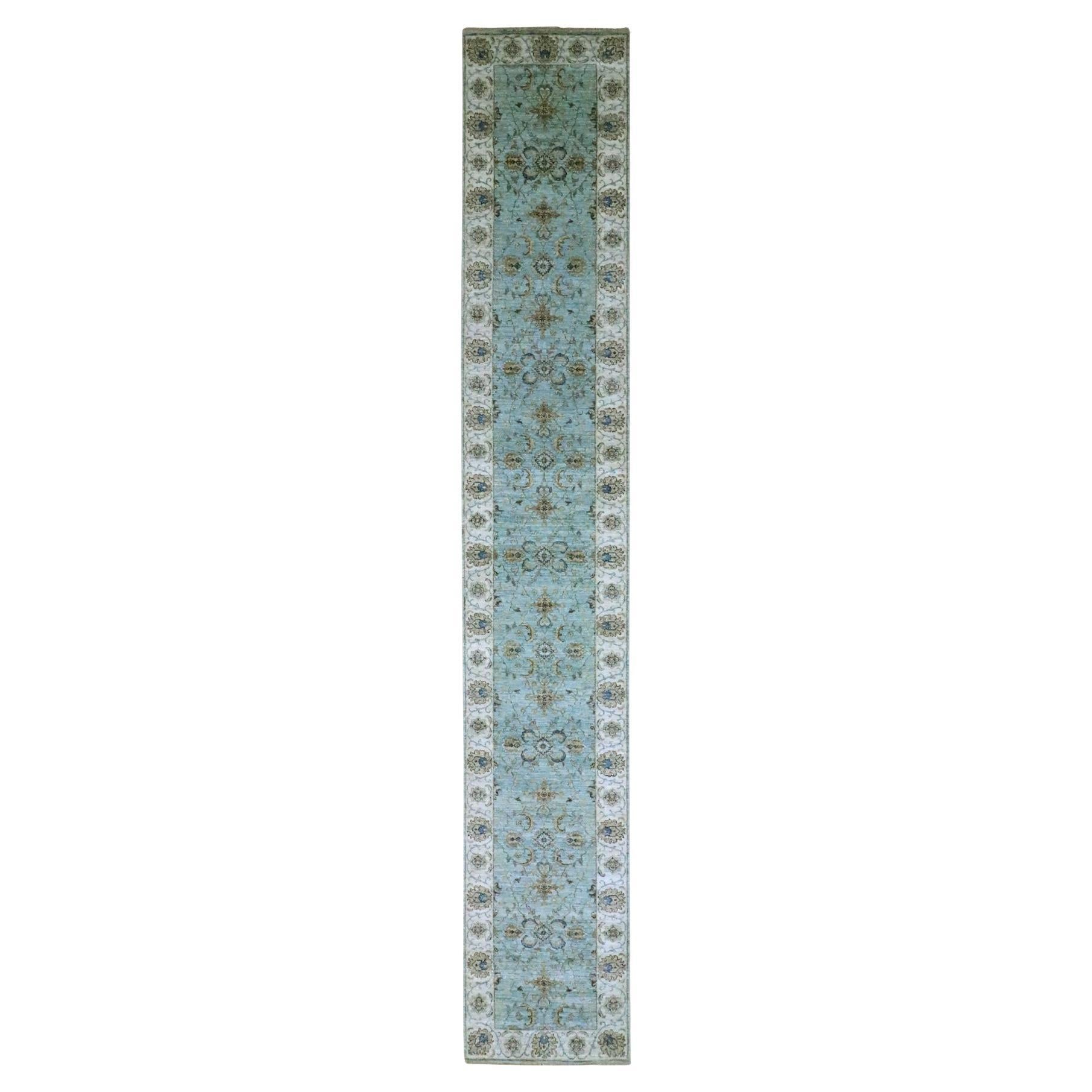 2'6"x15'9" Sky Blue Hand Knotted Agra Shah Abbas Vines Design Wool XL Runner Rug