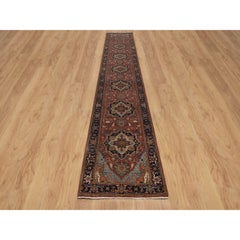 2'6"x16' Barn Red Antiqued Fine Heriz Re-Creation Wool Hand Knotted Runner Rug