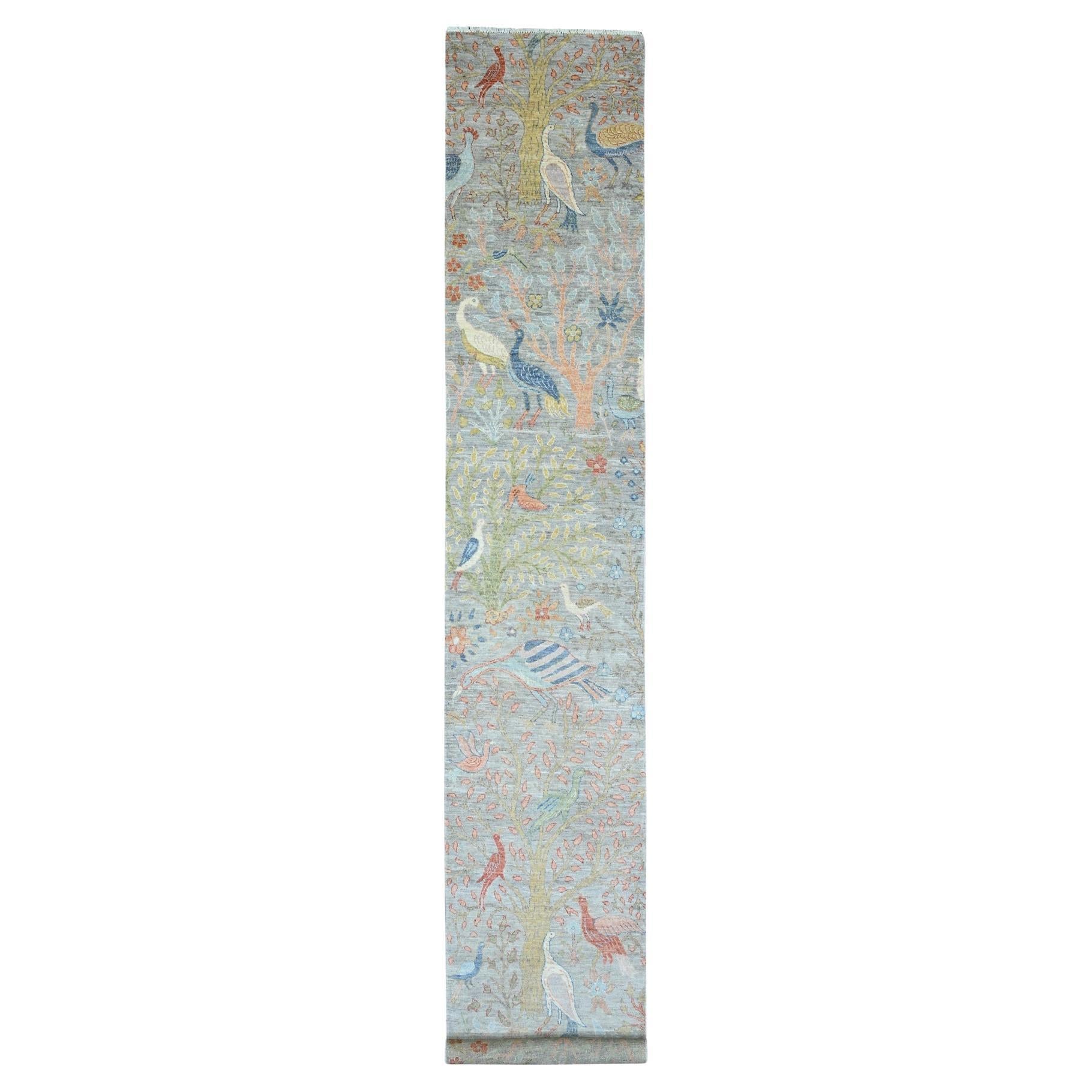 2'6 "x16' Gray Hand Knotted Afghan Peshawar Birds Design Soft Wool Runner Rug