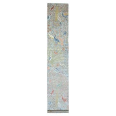2'6 "x16' Gray Hand Knotted Afghan Peshawar Birds Design Soft Wool Runner Rug