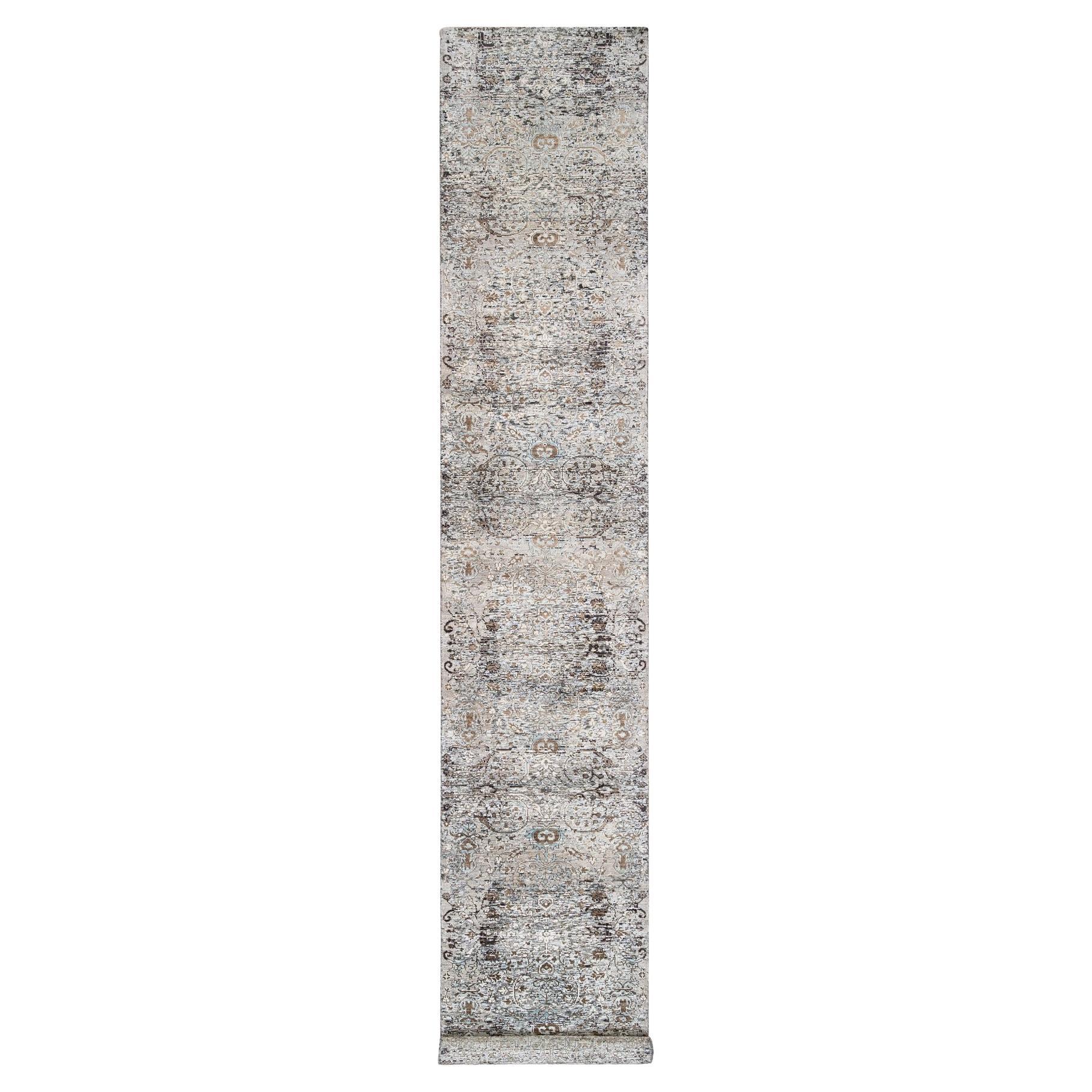 2'6 "x16' Tapis de course transitionnel gris noué à la main en soie et laine texturée XL