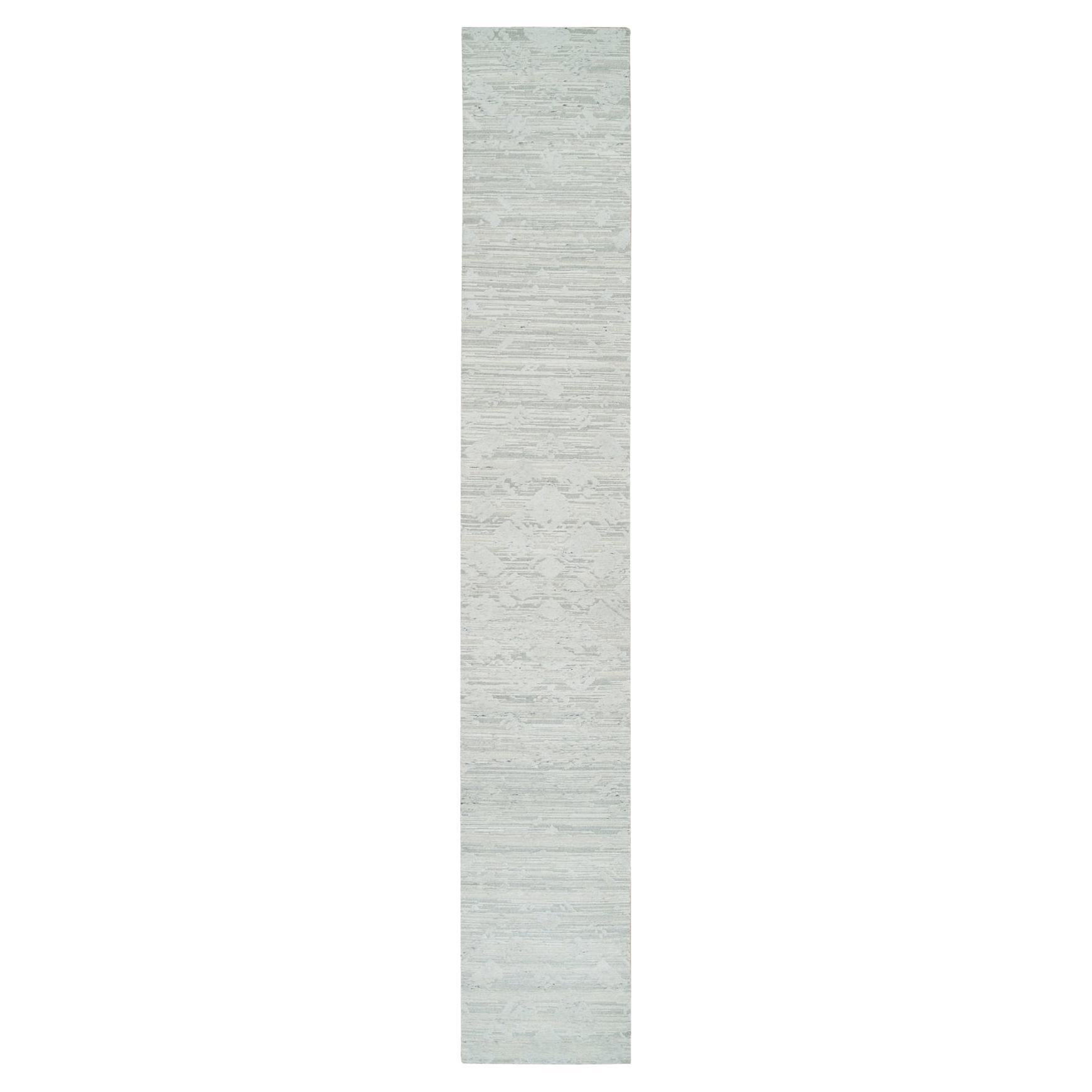 2'6"x16' Ivory and Light Grey, Hand Spun Undyed Natural XL Runner Oriental Rug